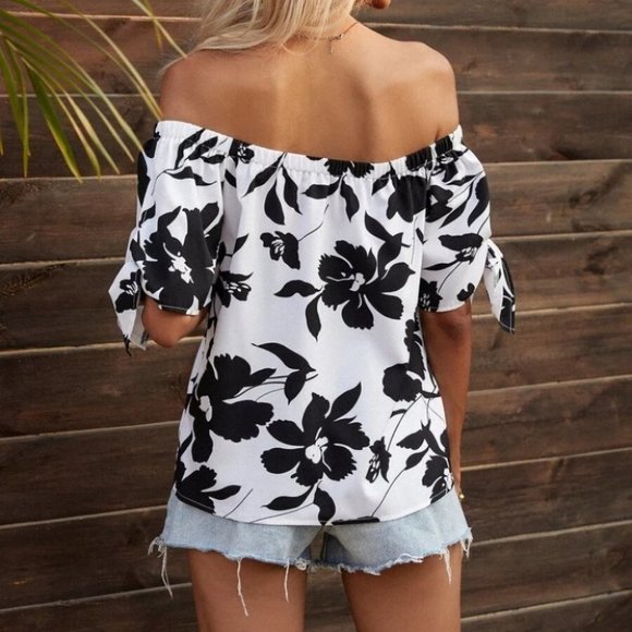 off Shoulder Bohemian Cottagecore Floral Print Top White black - Picture 6 of 6